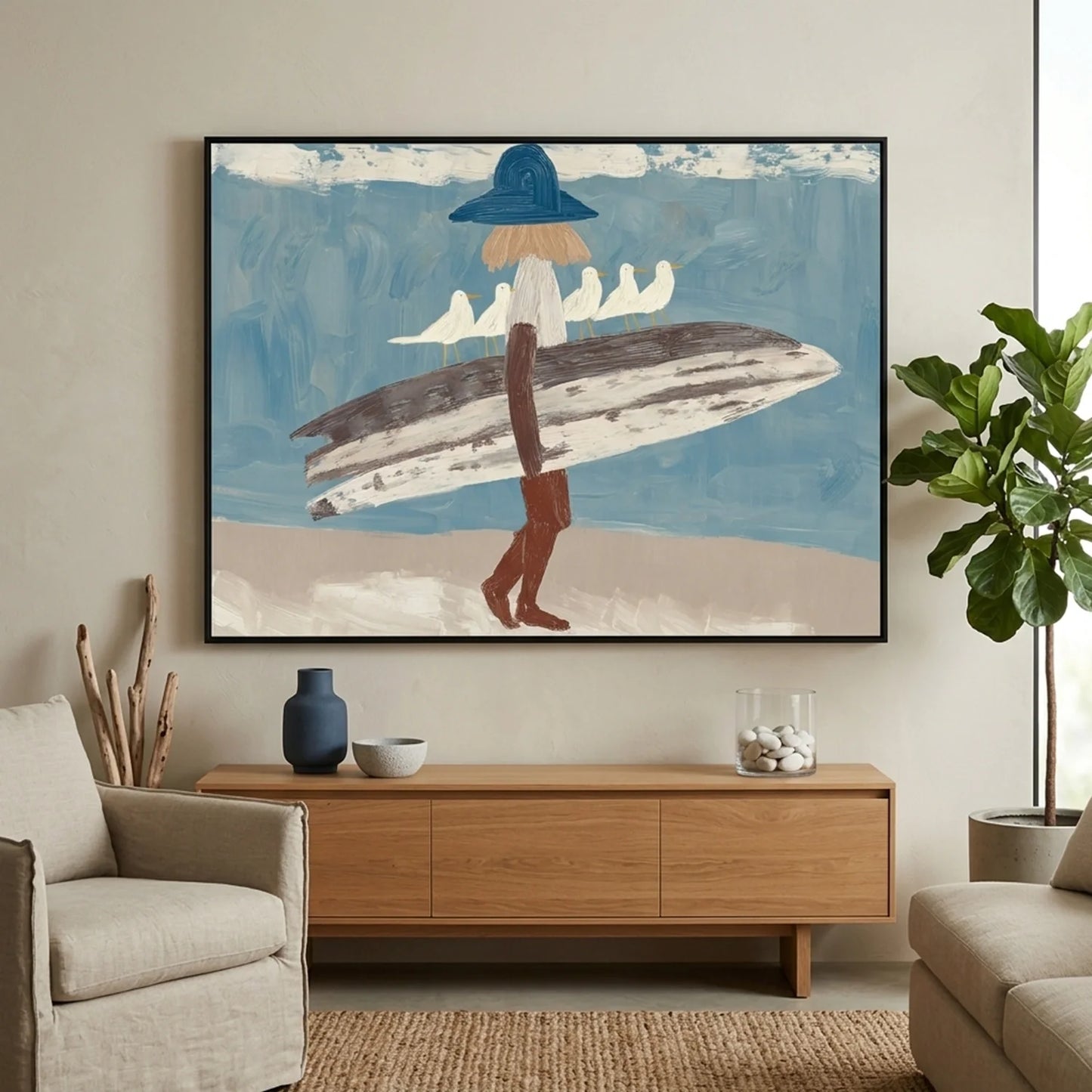Surfer Painting Minimalist Coastal Beach Canvas Artwork #AE143