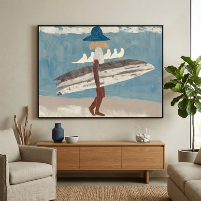 Surfer Painting Minimalist Coastal Beach Canvas Artwork #AE143