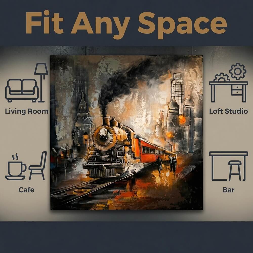 Vintage Handcrafted Steam Train 3D Metal Wall Art, Original Painting, Living Room Decor, Unique Gift
