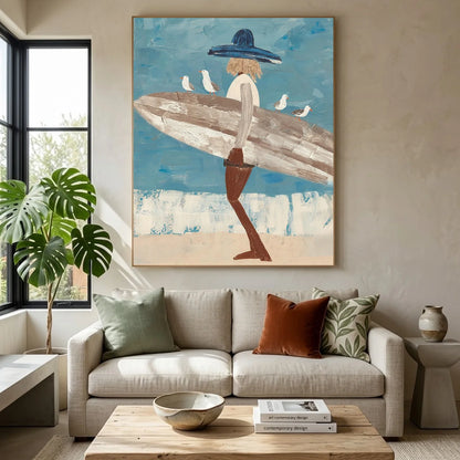 Surfer Painting Minimalist Coastal Beach Canvas Artwork #AE140