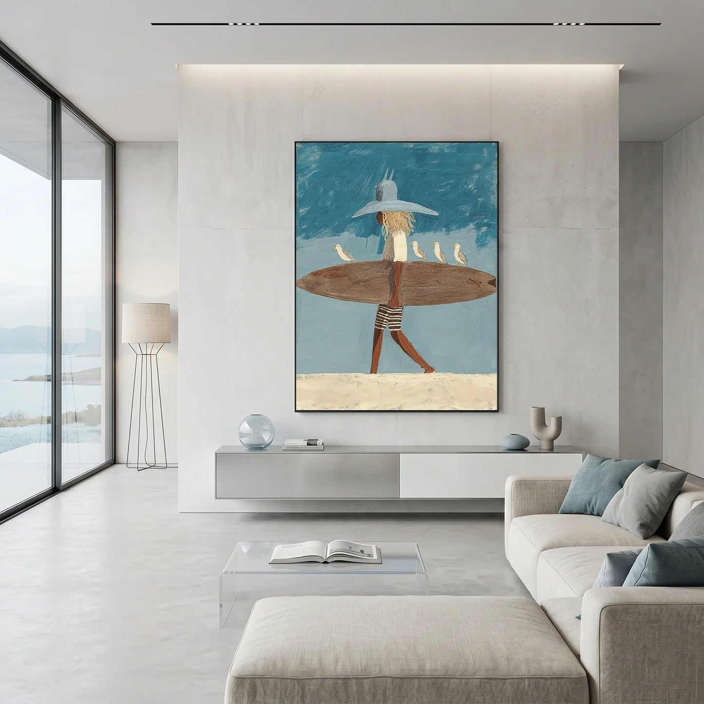 Surfer Painting Minimalist Coastal Beach Canvas Artwork #AE142