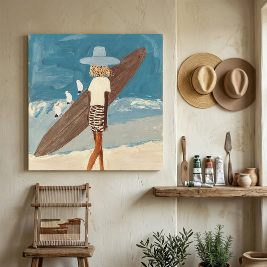 Surfer Painting Minimalist Coastal Beach Canvas Artwork #AE139
