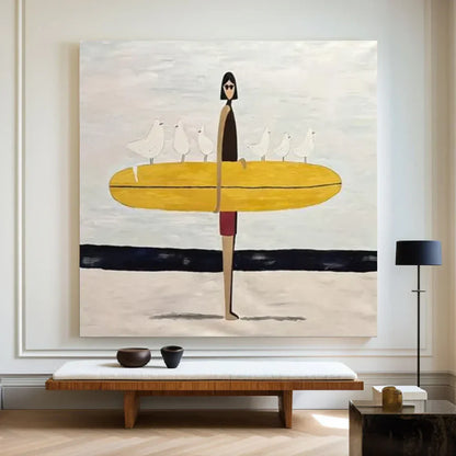 Surfer Painting Minimalist Coastal Beach Canvas Artwork #AE129