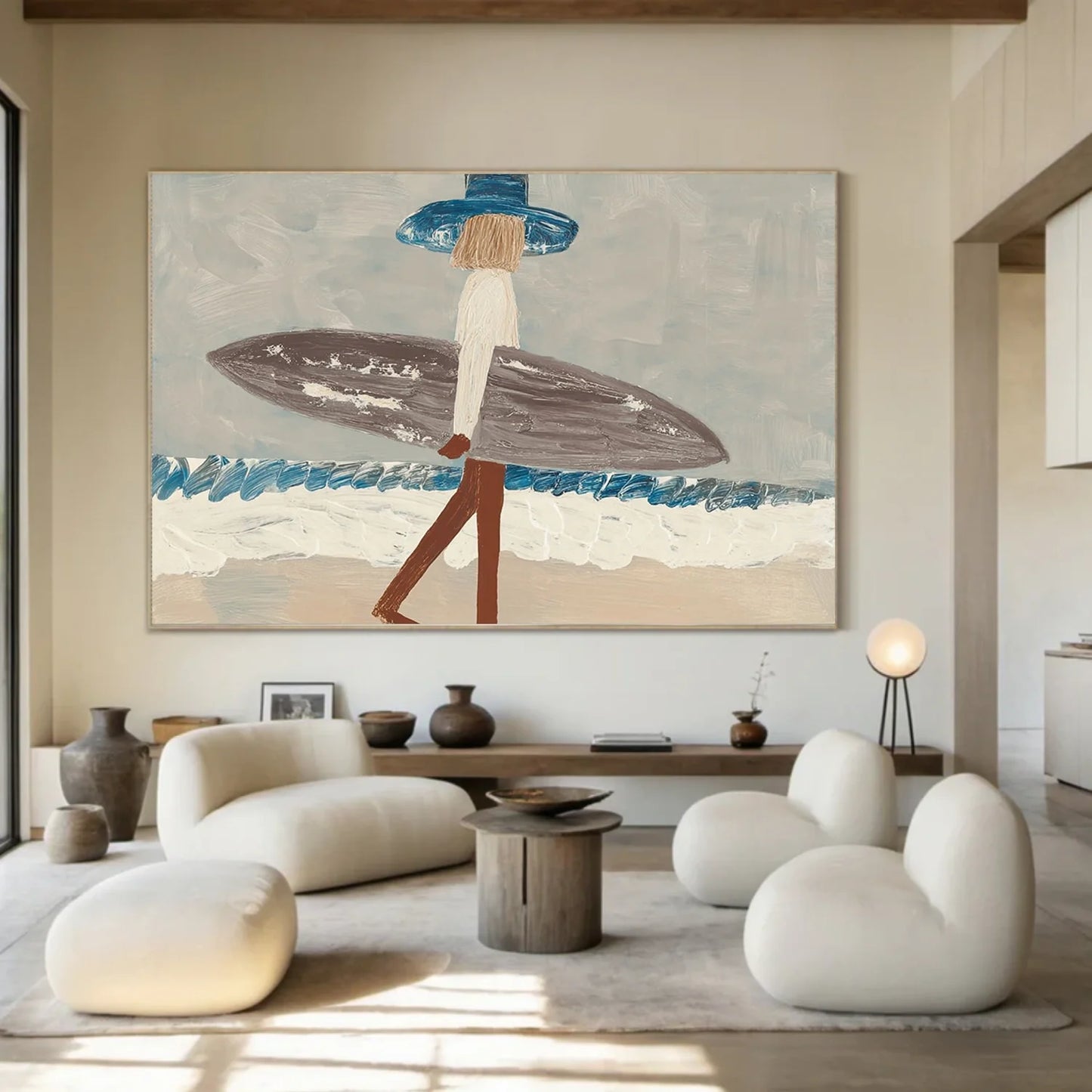 Surfer Painting Minimalist Coastal Beach Canvas Artwork #AE097