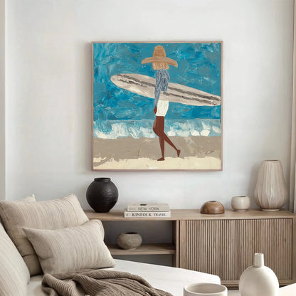 Surfer Painting Minimalist Coastal Beach Canvas Artwork #AE095