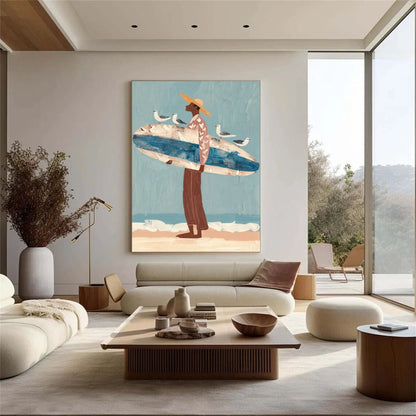 Surfer Painting Minimalist Coastal Beach Canvas Artwork #AE099