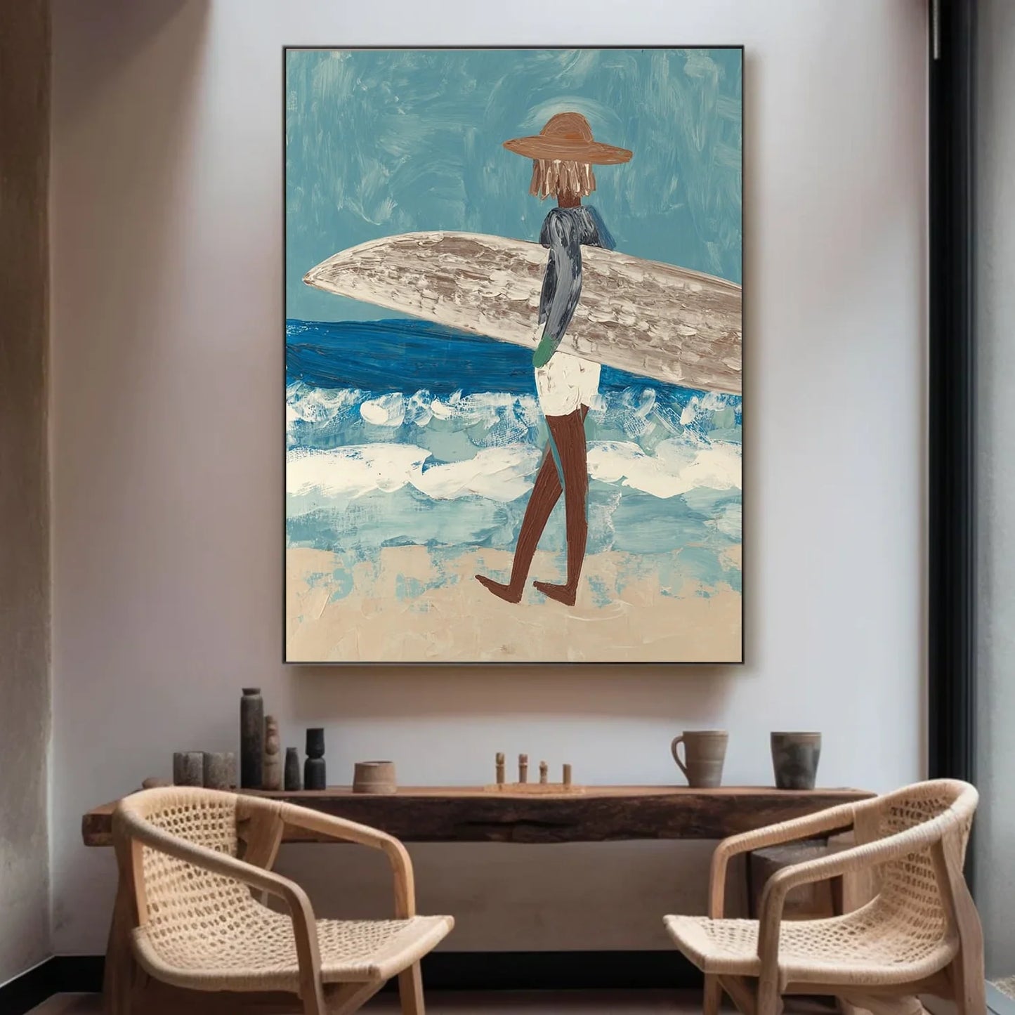 Surfer Painting Minimalist Coastal Beach Canvas Artwork #AE096