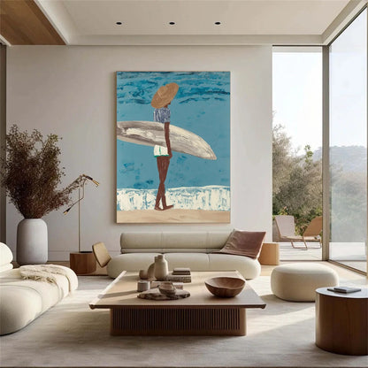 Surfer Painting Minimalist Coastal Beach Canvas Artwork #AE098