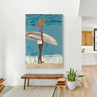 Surfer Painting Minimalist Coastal Beach Canvas Artwork #AE098