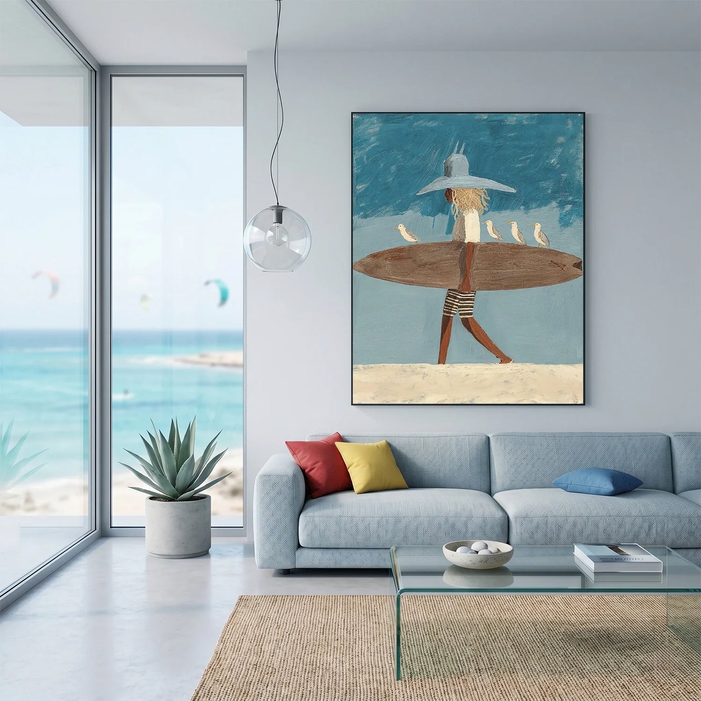 Surfer Painting Minimalist Coastal Beach Canvas Artwork #AE142