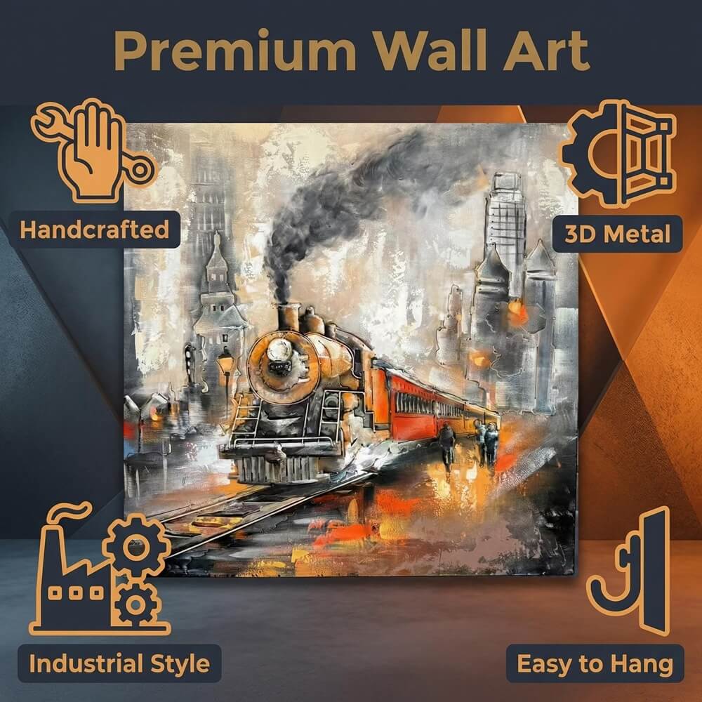 Vintage Handcrafted Steam Train 3D Metal Wall Art, Original Painting, Living Room Decor, Unique Gift