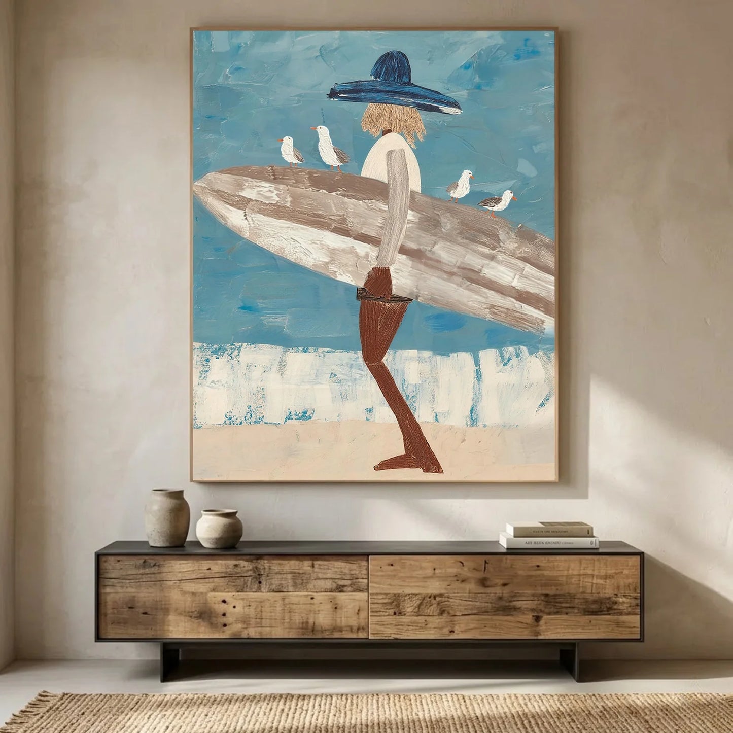Surfer Painting Minimalist Coastal Beach Canvas Artwork #AE140