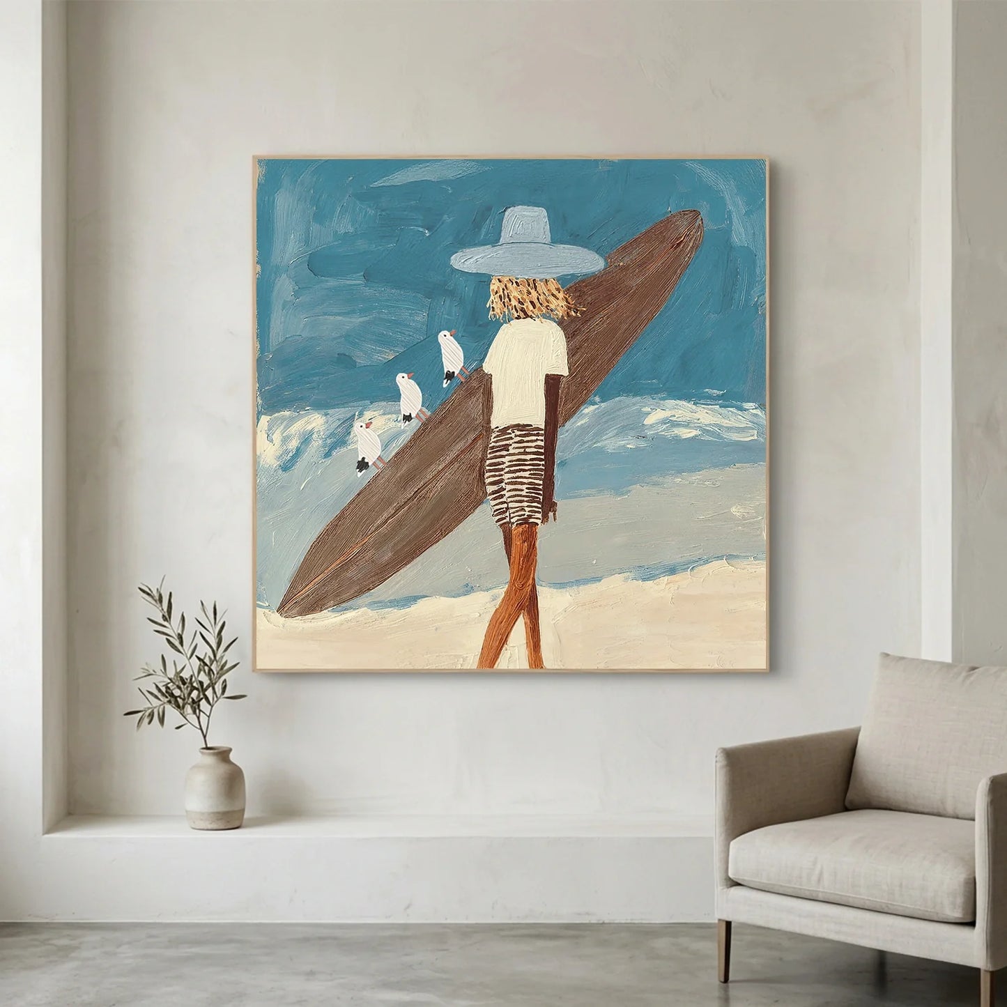 Surfer Painting Minimalist Coastal Beach Canvas Artwork #AE139