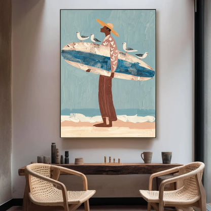 Surfer Painting Minimalist Coastal Beach Canvas Artwork #AE099