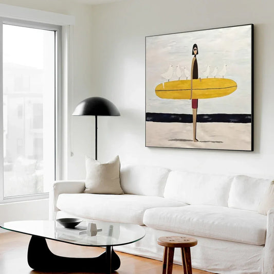 Surfer Painting Minimalist Coastal Beach Canvas Artwork #AE129