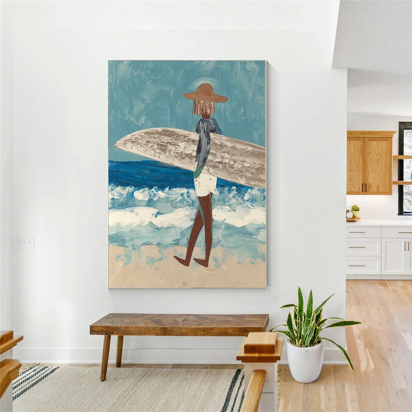 Surfer Painting Minimalist Coastal Beach Canvas Artwork #AE096