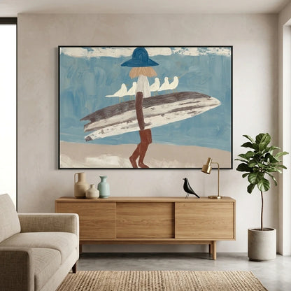 Surfer Painting Minimalist Coastal Beach Canvas Artwork #AE143