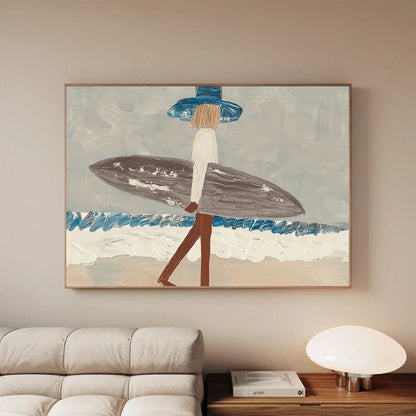 Surfer Painting Minimalist Coastal Beach Canvas Artwork #AE097
