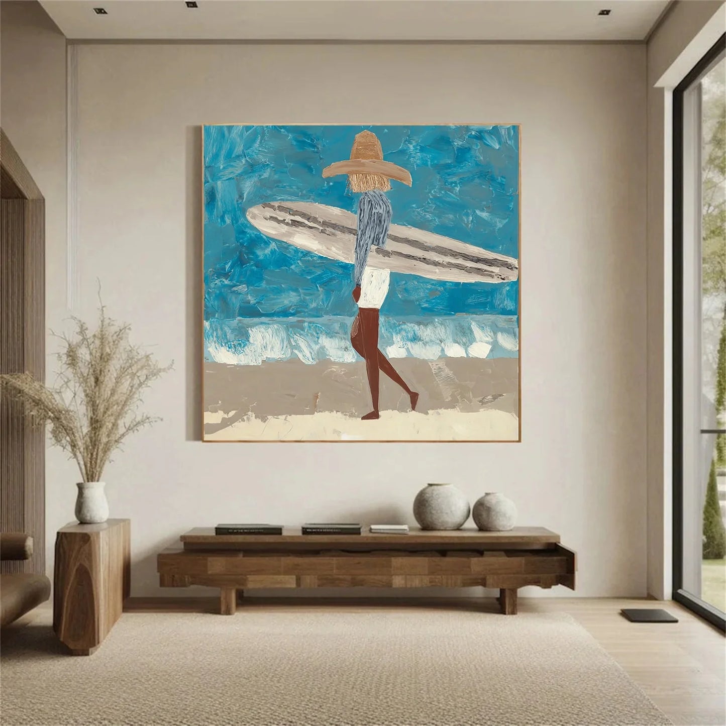 Surfer Painting Minimalist Coastal Beach Canvas Artwork #AE095