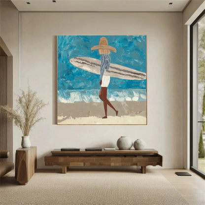 Surfer Painting Minimalist Coastal Beach Canvas Artwork #AE095