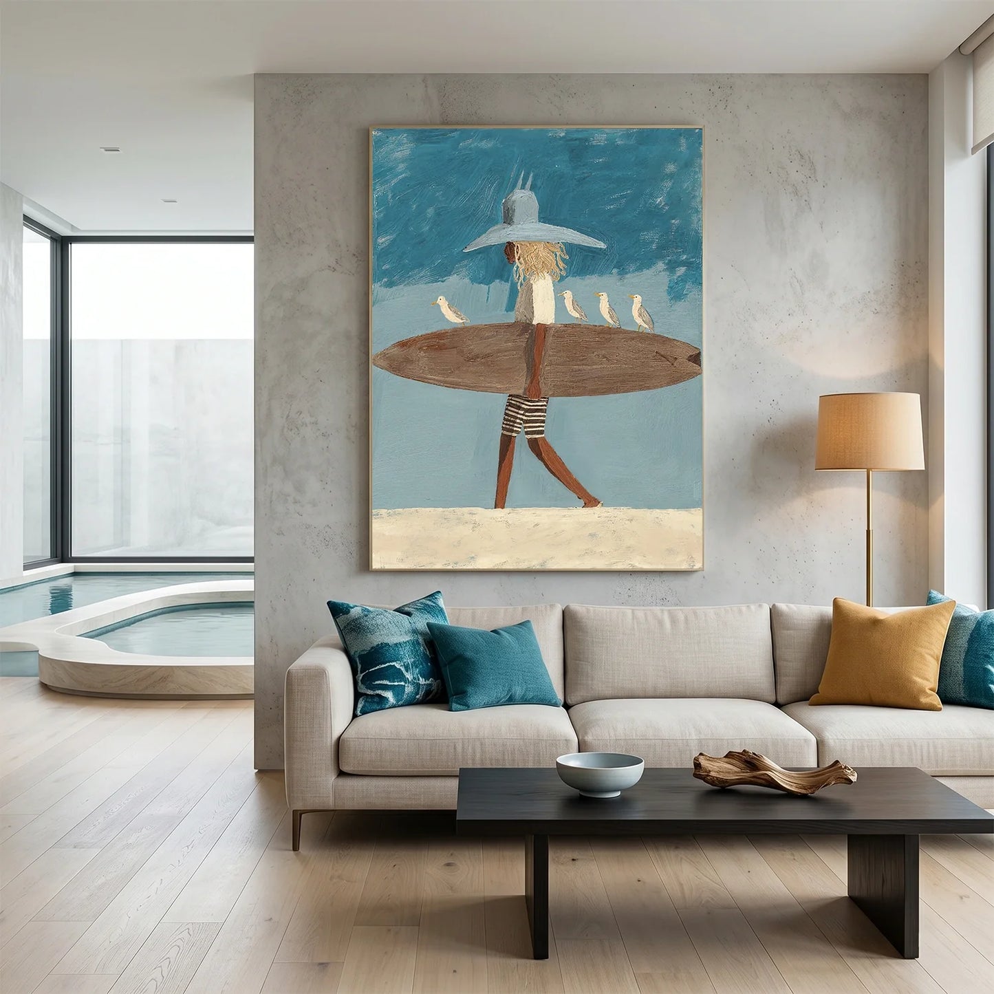 Surfer Painting Minimalist Coastal Beach Canvas Artwork #AE142