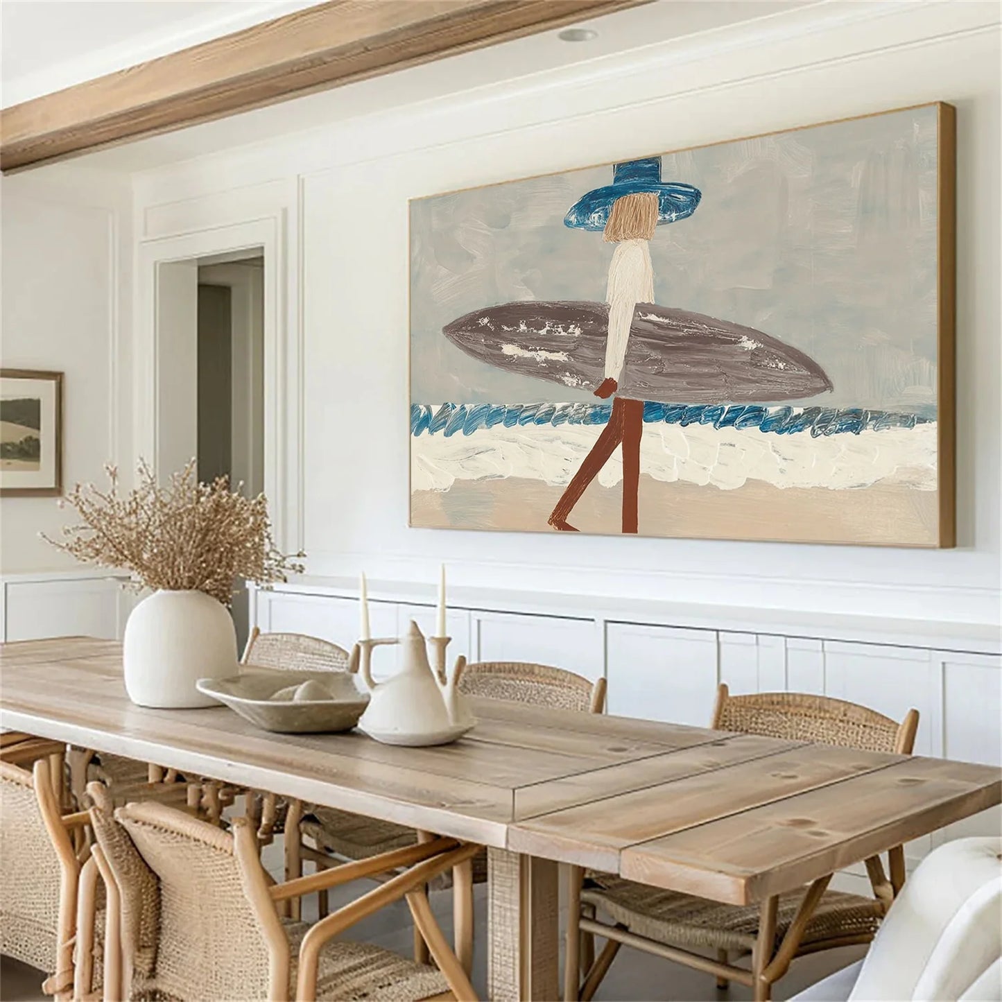 Surfer Painting Minimalist Coastal Beach Canvas Artwork #AE097