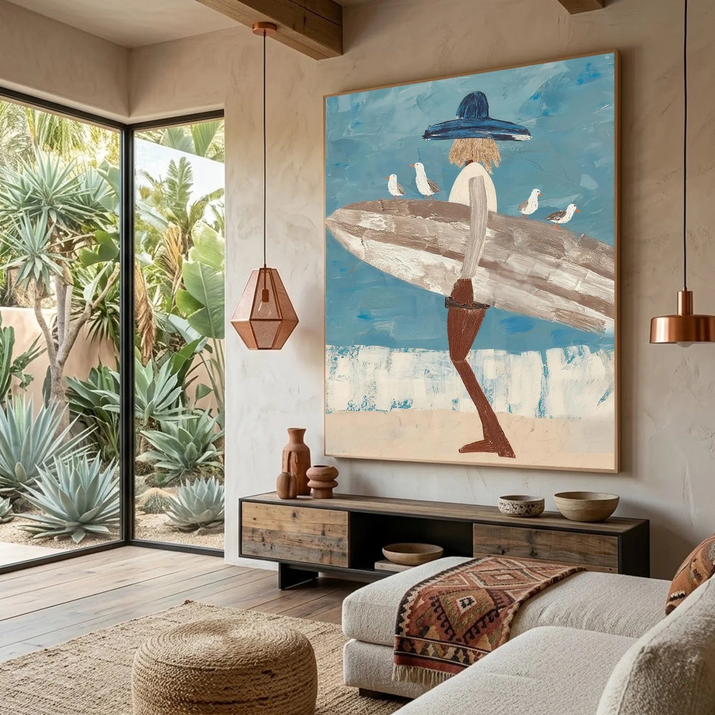 Surfer Painting Minimalist Coastal Beach Canvas Artwork #AE140