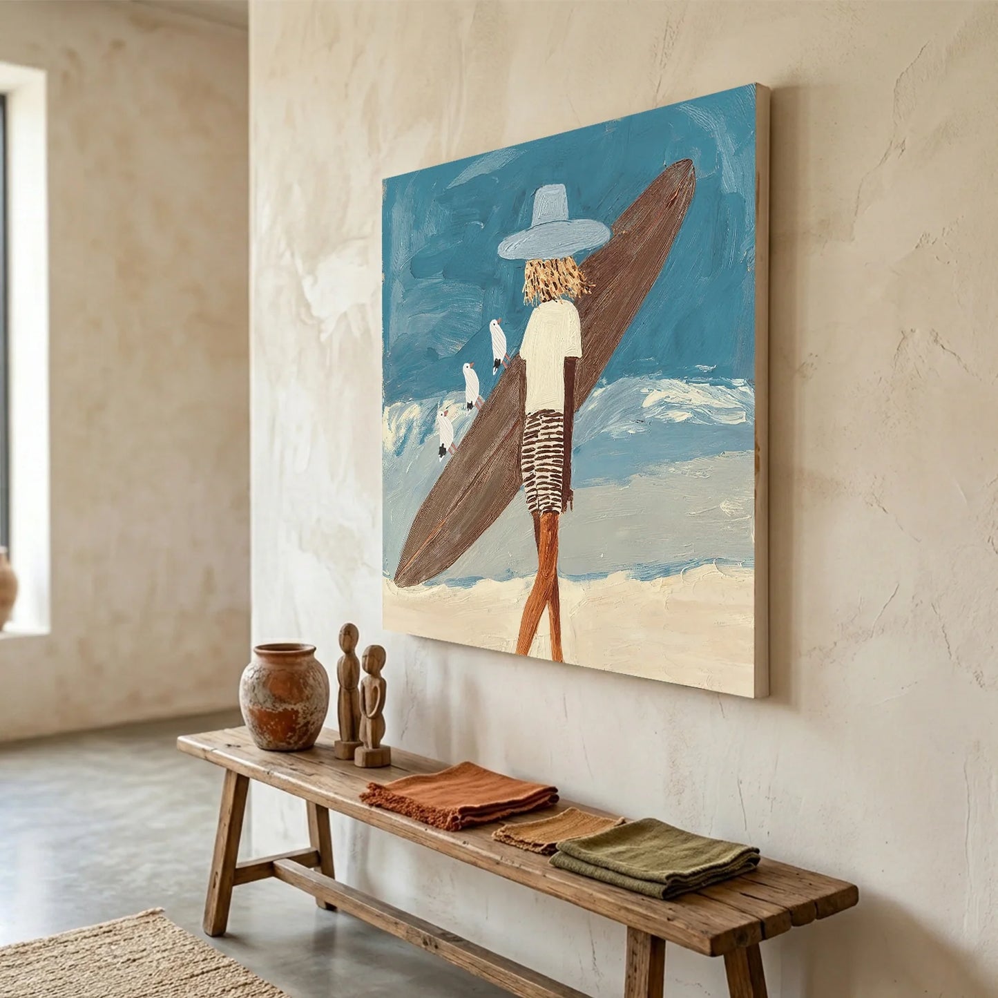 Surfer Painting Minimalist Coastal Beach Canvas Artwork #AE139