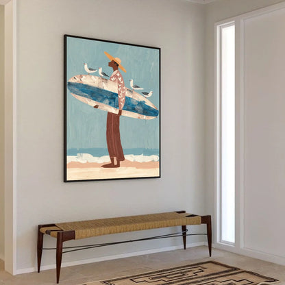 Surfer Painting Minimalist Coastal Beach Canvas Artwork #AE099