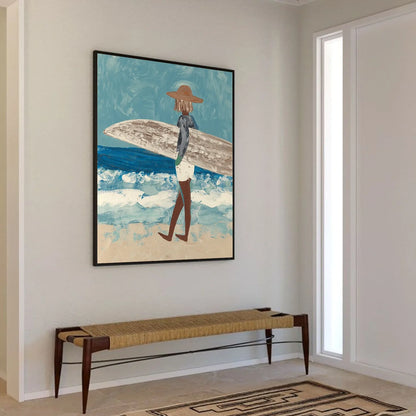Surfer Painting Minimalist Coastal Beach Canvas Artwork #AE096