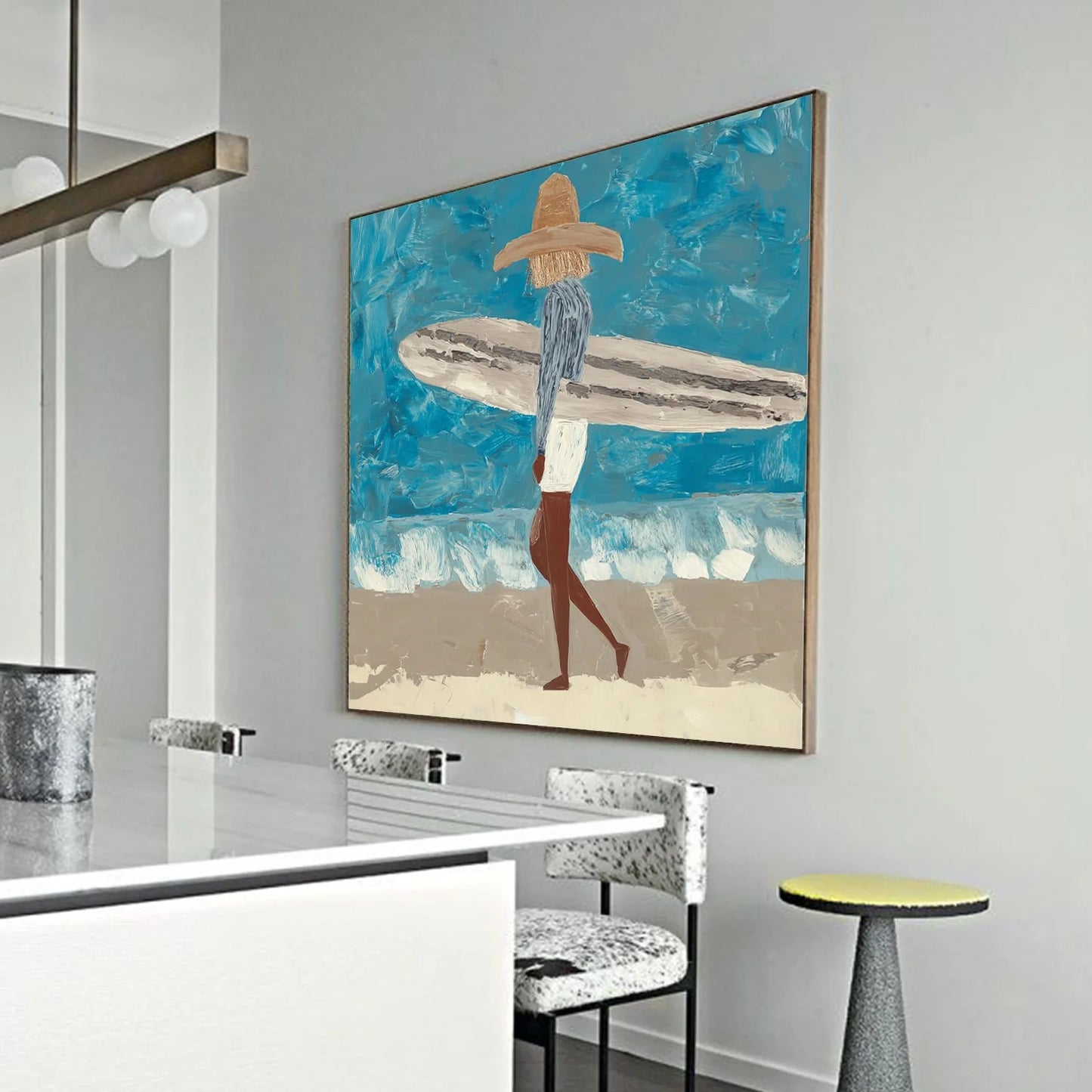 Surfer Painting Minimalist Coastal Beach Canvas Artwork #AE095