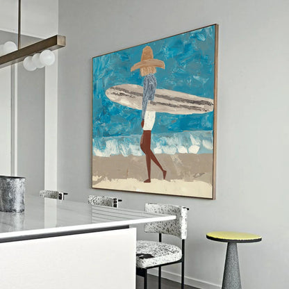 Surfer Painting Minimalist Coastal Beach Canvas Artwork #AE095
