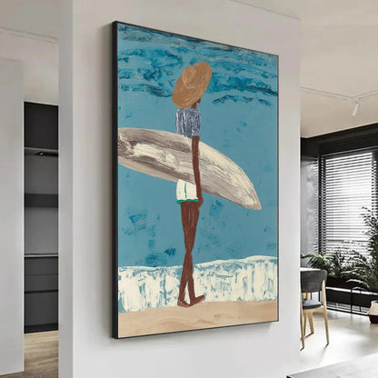 Surfer Painting Minimalist Coastal Beach Canvas Artwork #AE098