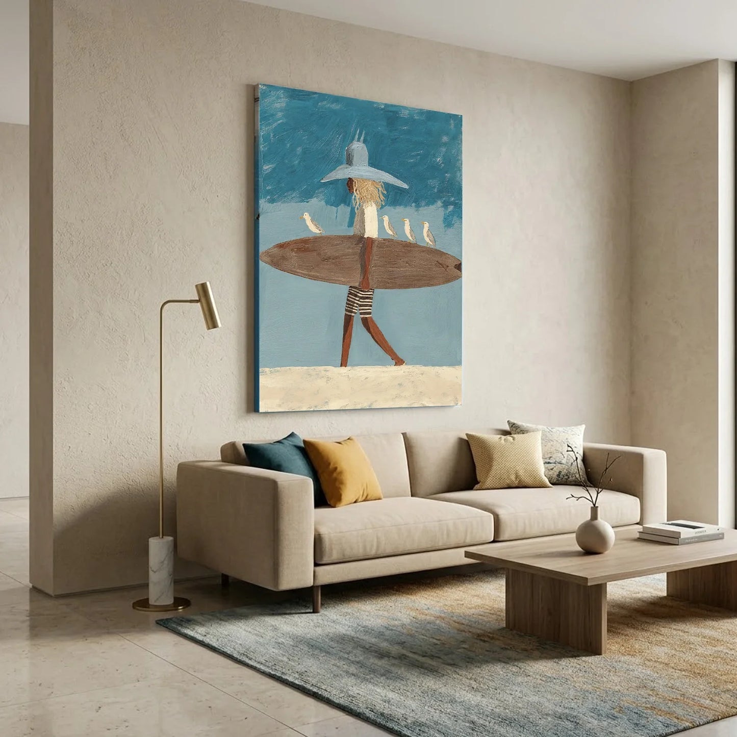 Surfer Painting Minimalist Coastal Beach Canvas Artwork #AE142