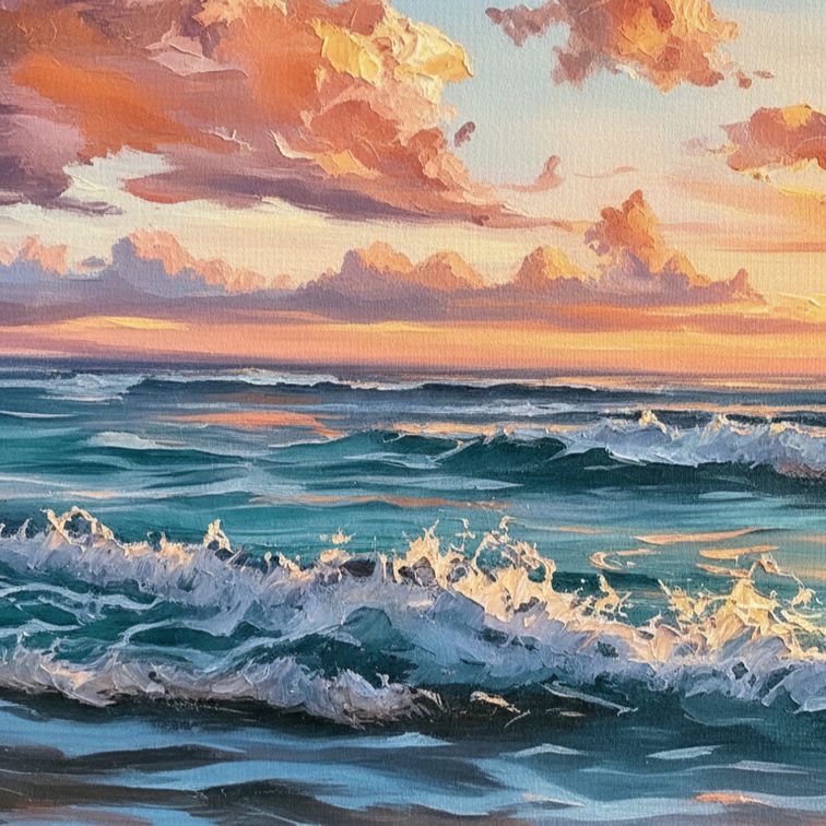 Textured Ocean Wave Oil Painting, Sunset Seascape Canvas Wall Art, Living Room Decor