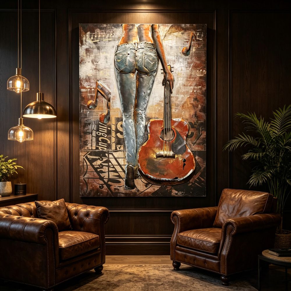 Handcrafted Woman with Guitar Back View 3D Metal Wall Art Home Decor Living Room Wall Decor