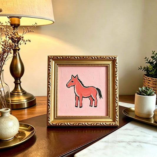 Hand-painted Small Framed Original Art Miniature Pink Horse Artwork Hand Made Oil Paintings