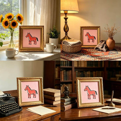 Hand-painted Small Framed Original Art Miniature Pink Horse Artwork Hand Made Oil Paintings