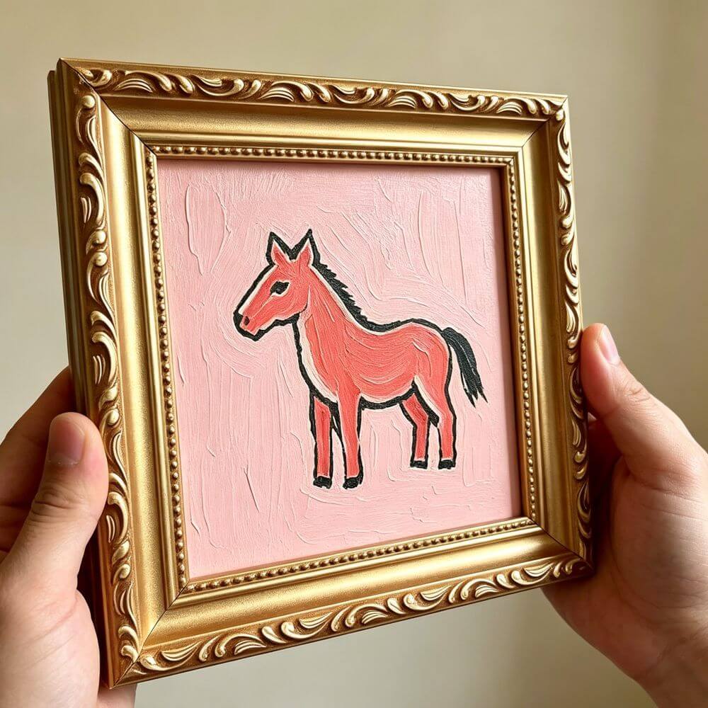 Hand-painted Small Framed Original Art Miniature Pink Horse Artwork Hand Made Oil Paintings