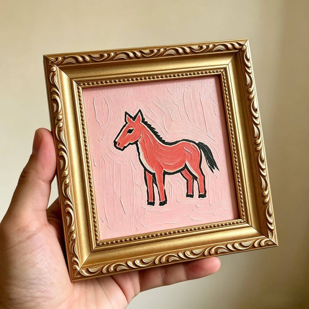 Hand-painted Small Framed Original Art Miniature Pink Horse Artwork Hand Made Oil Paintings