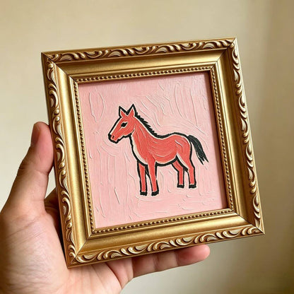 Hand-painted Small Framed Original Art Miniature Pink Horse Artwork Hand Made Oil Paintings