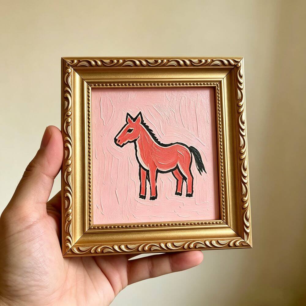 Hand-painted Small Framed Original Art Miniature Pink Horse Artwork Hand Made Oil Paintings