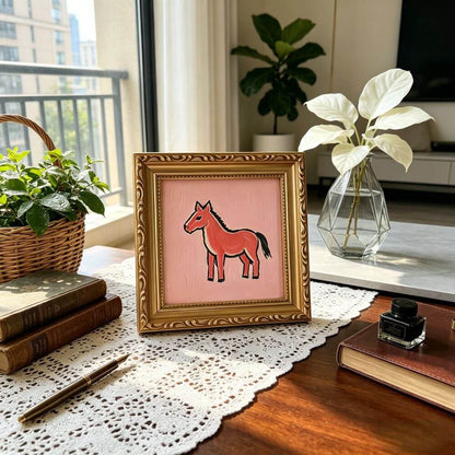 Hand-painted Small Framed Original Art Miniature Pink Horse Artwork Hand Made Oil Paintings