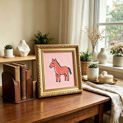 Hand-painted Small Framed Original Art Miniature Pink Horse Artwork Hand Made Oil Paintings