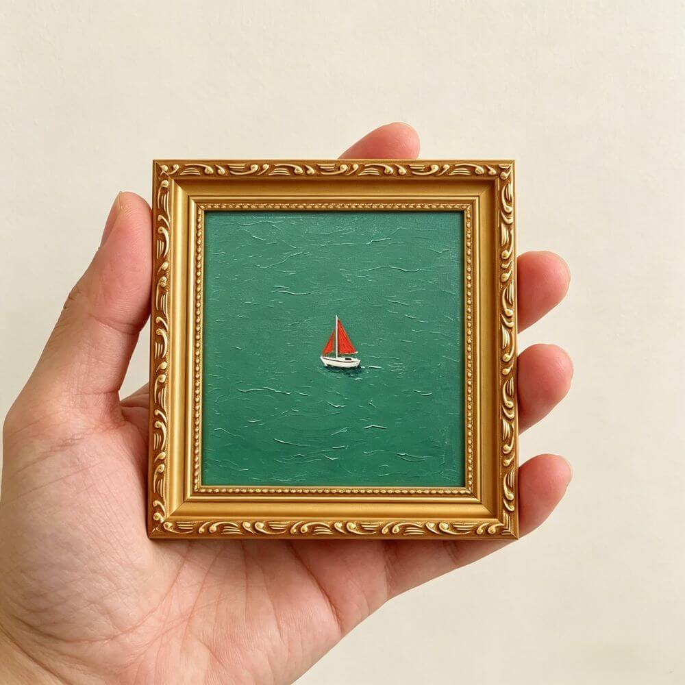 Hand-painted Small Framed Original Art, Miniature Green Boat Oil Painting, Gold Frame Wall Decor