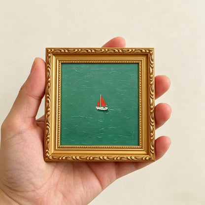 Hand-painted Small Framed Original Art, Miniature Green Boat Oil Painting, Gold Frame Wall Decor