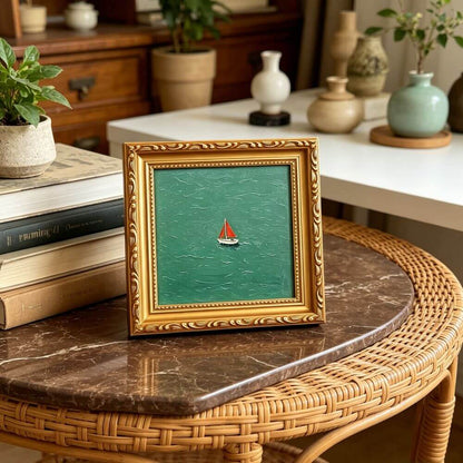 Hand-painted Small Framed Original Art, Miniature Green Boat Oil Painting, Gold Frame Wall Decor
