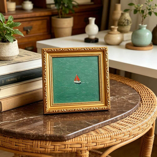 Hand-painted Small Framed Original Art, Miniature Green Boat Oil Painting, Gold Frame Wall Decor