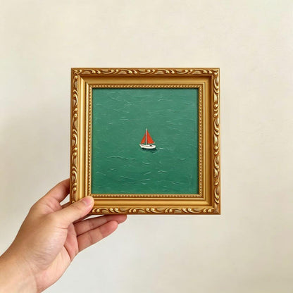 Hand-painted Small Framed Original Art, Miniature Green Boat Oil Painting, Gold Frame Wall Decor