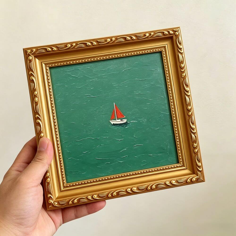 Hand-painted Small Framed Original Art, Miniature Green Boat Oil Painting, Gold Frame Wall Decor